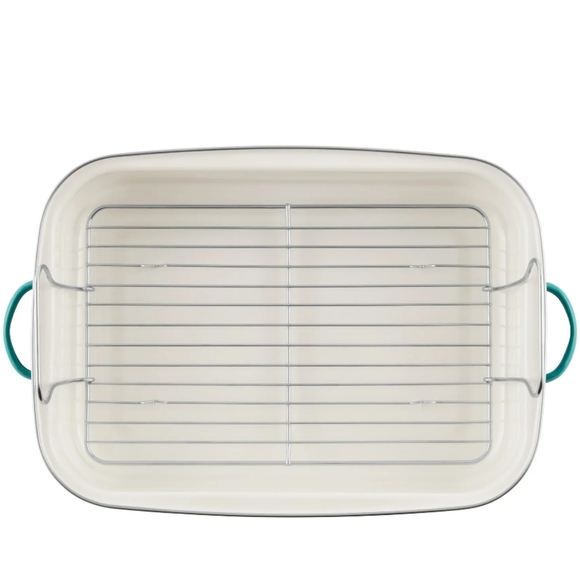 ❤️ New Pioneer Woman Teal Speckle Enamel on Steel Roaster with Rack - Picture 6 of 10